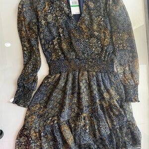 Michael Kors Blue and Gold Long Sleeve Dress